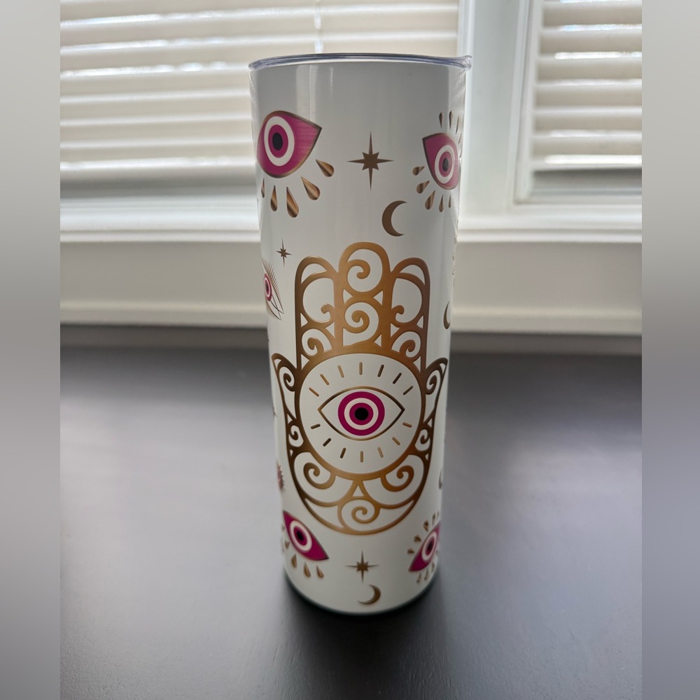 Mystical Eye Design stainless steel coffee/tea cup with lid White, pink & Gold